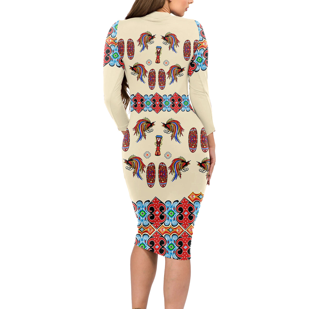 Papua Batik Motif Bird Of Paradise and Native Papuan Shield Long Sleeve Bodycon Dress - Wonder Print Shop