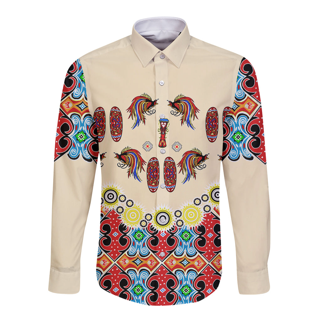 Papua Batik Motif Bird Of Paradise and Native Papuan Shield Long Sleeve Button Shirt - Wonder Print Shop