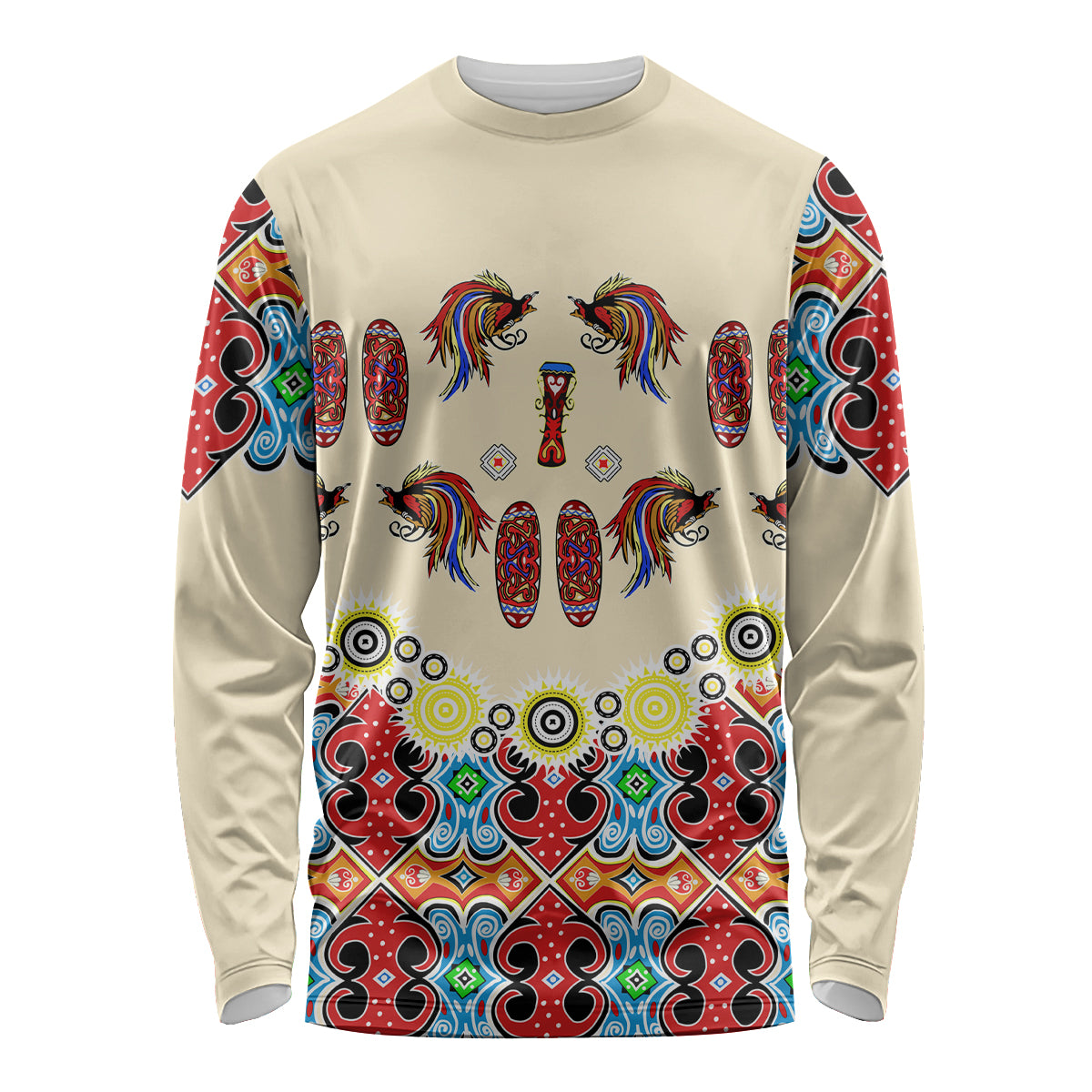 Papua Batik Motif Bird Of Paradise and Native Papuan Shield Long Sleeve Shirt - Wonder Print Shop