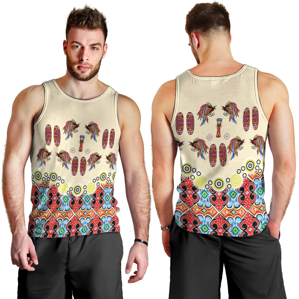 Papua Batik Motif Bird Of Paradise and Native Papuan Shield Men Tank Top - Wonder Print Shop