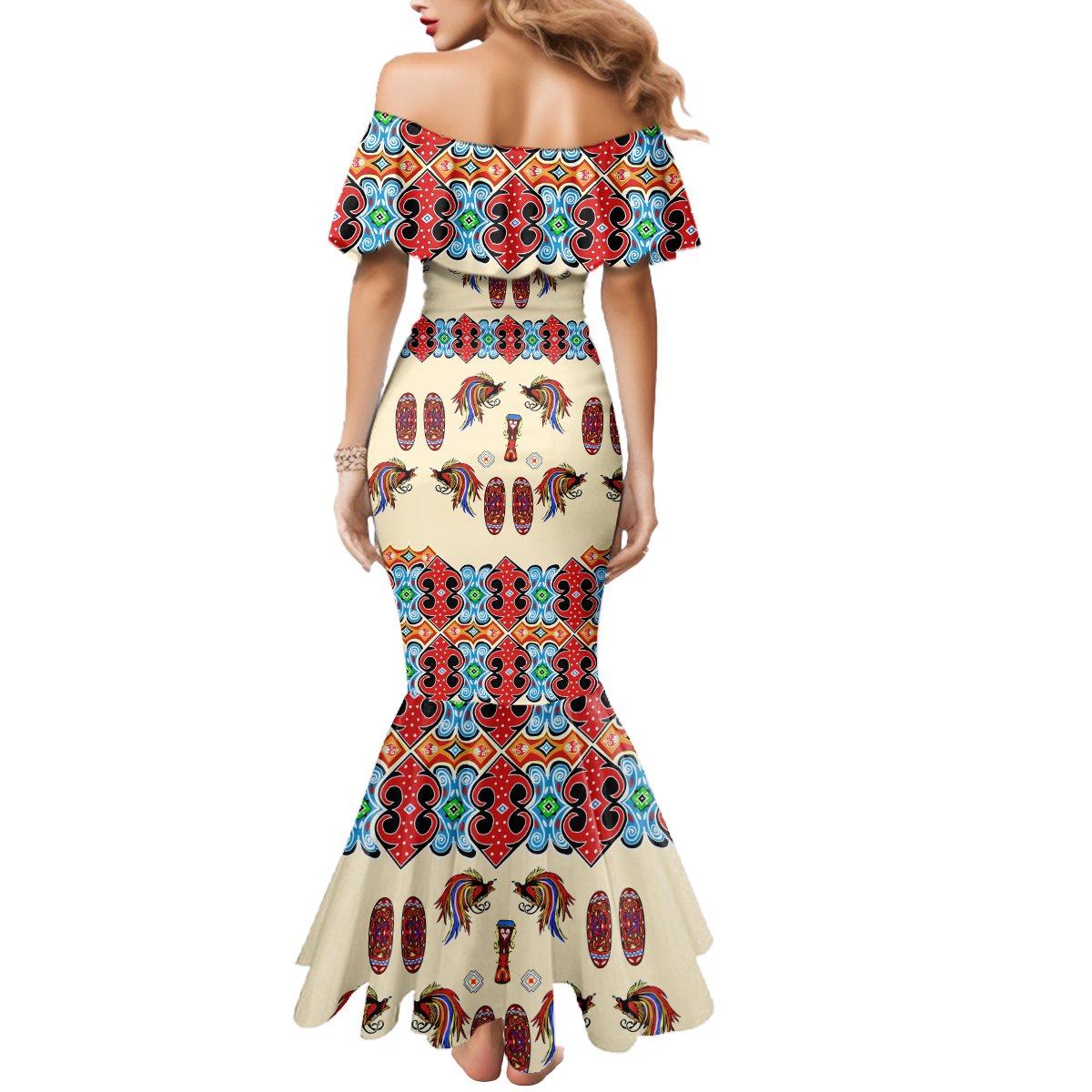 Papua Batik Motif Bird Of Paradise and Native Papuan Shield Mermaid Dress - Wonder Print Shop