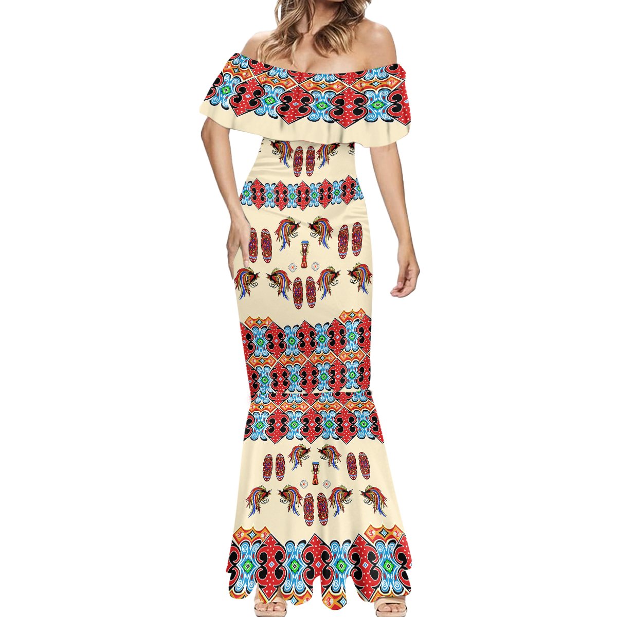 Papua Batik Motif Bird Of Paradise and Native Papuan Shield Mermaid Dress - Wonder Print Shop