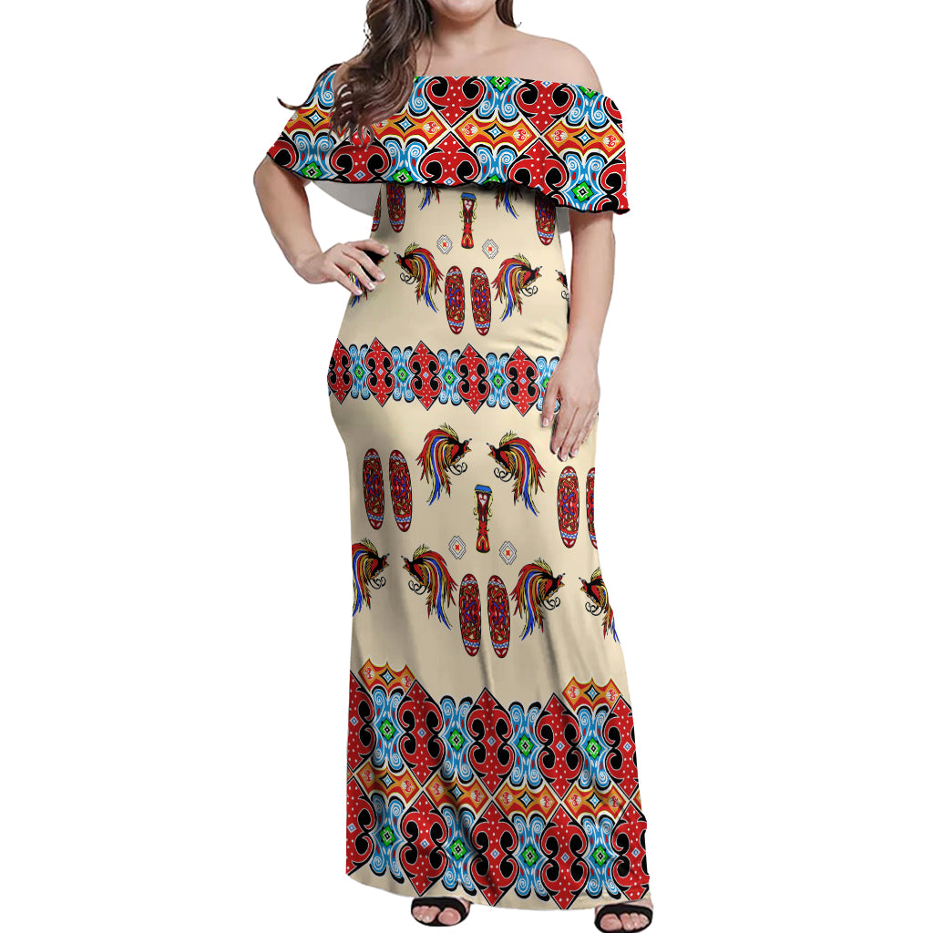 Papua Batik Motif Bird Of Paradise and Native Papuan Shield Off Shoulder Maxi Dress - Wonder Print Shop