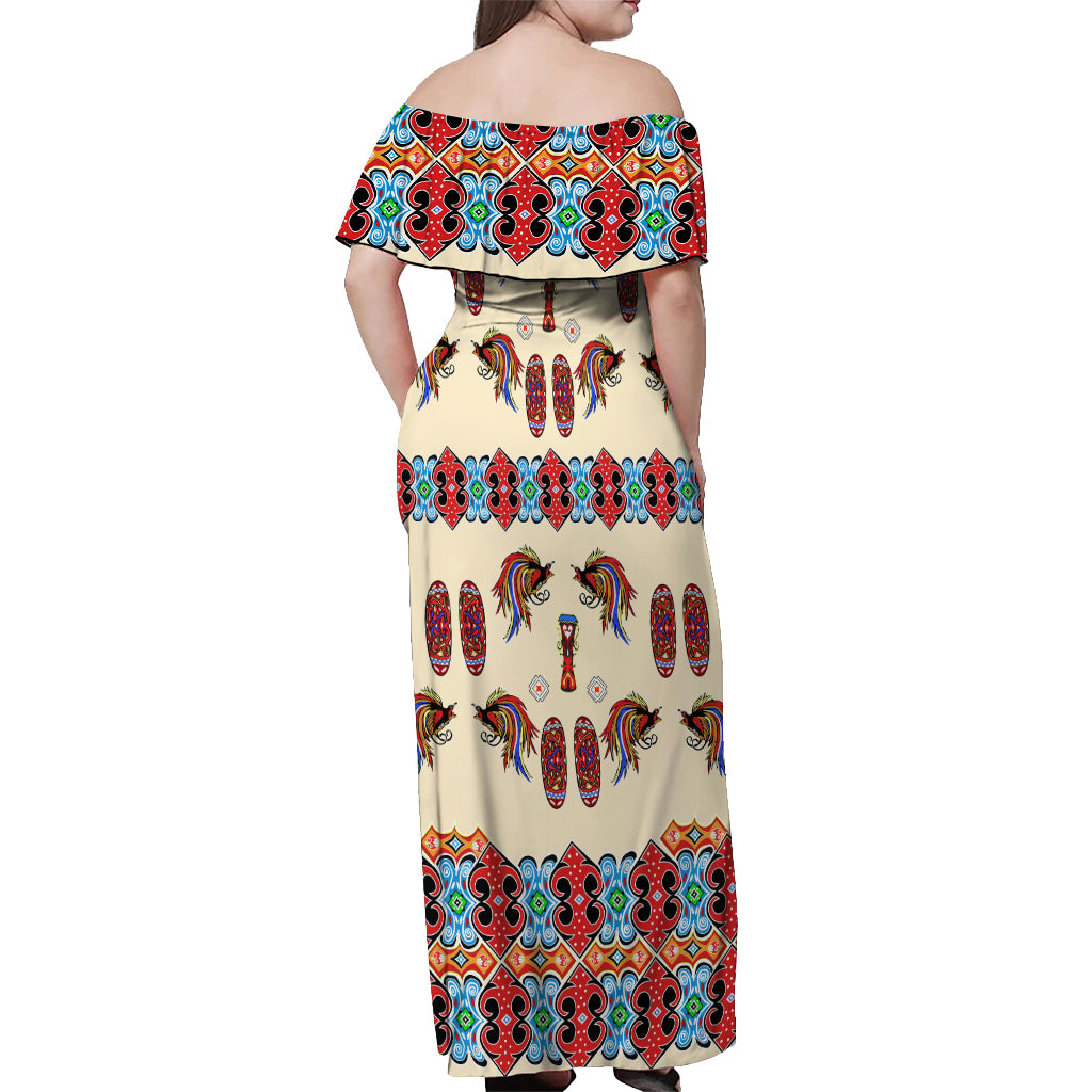 Papua Batik Motif Bird Of Paradise and Native Papuan Shield Off Shoulder Maxi Dress - Wonder Print Shop