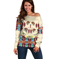 Papua Batik Motif Bird Of Paradise and Native Papuan Shield Off Shoulder Sweater - Wonder Print Shop