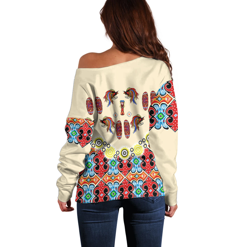 Papua Batik Motif Bird Of Paradise and Native Papuan Shield Off Shoulder Sweater - Wonder Print Shop
