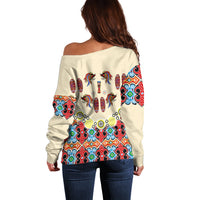 Papua Batik Motif Bird Of Paradise and Native Papuan Shield Off Shoulder Sweater - Wonder Print Shop