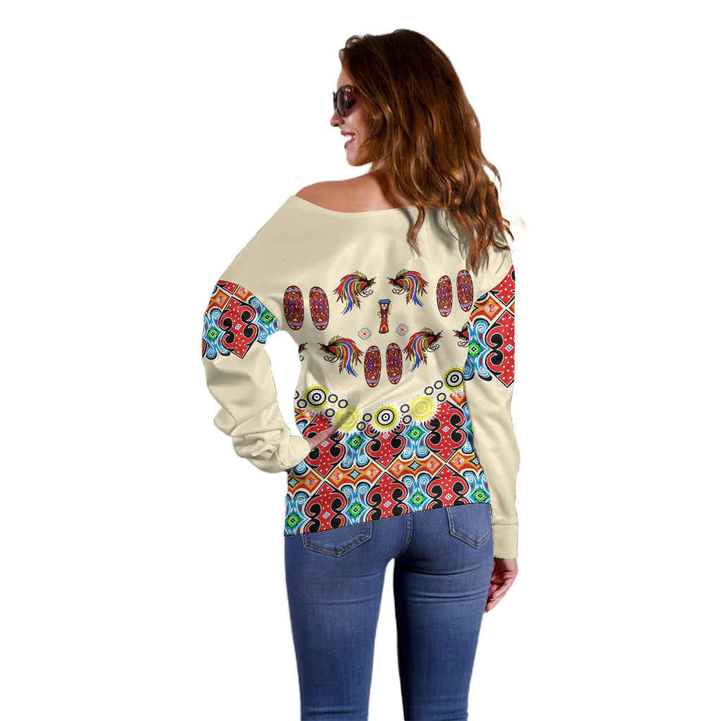 Papua Batik Motif Bird Of Paradise and Native Papuan Shield Off Shoulder Sweater - Wonder Print Shop