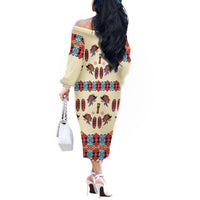 Papua Batik Motif Bird Of Paradise and Native Papuan Shield Off The Shoulder Long Sleeve Dress - Wonder Print Shop