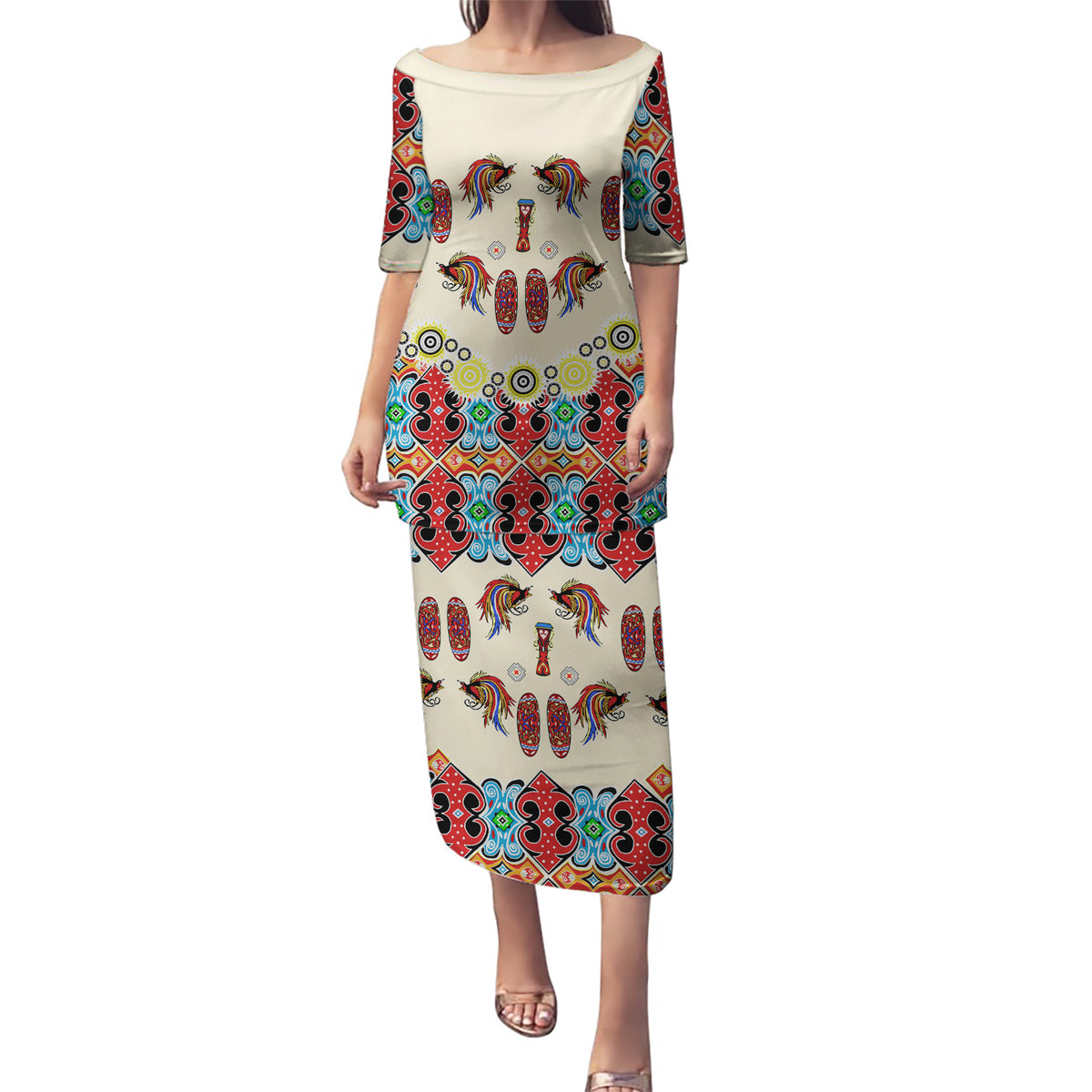 Papua Batik Motif Bird Of Paradise and Native Papuan Shield Puletasi - Wonder Print Shop