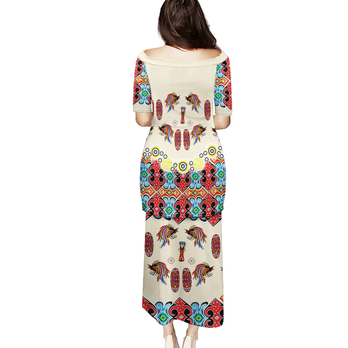 Papua Batik Motif Bird Of Paradise and Native Papuan Shield Puletasi - Wonder Print Shop