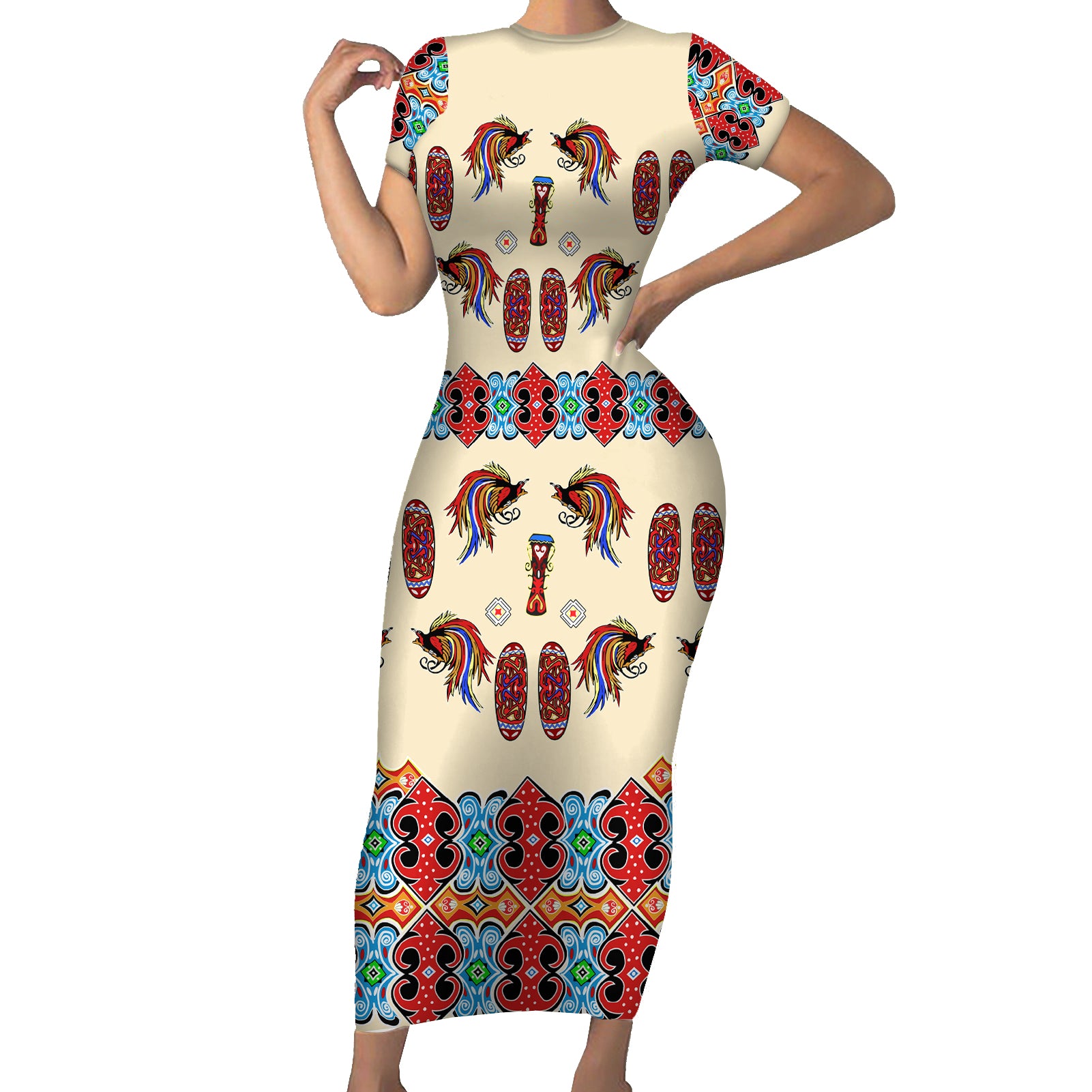 Papua Batik Motif Bird Of Paradise and Native Papuan Shield Short Sleeve Bodycon Dress - Wonder Print Shop