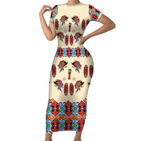 Papua Batik Motif Bird Of Paradise and Native Papuan Shield Short Sleeve Bodycon Dress - Wonder Print Shop