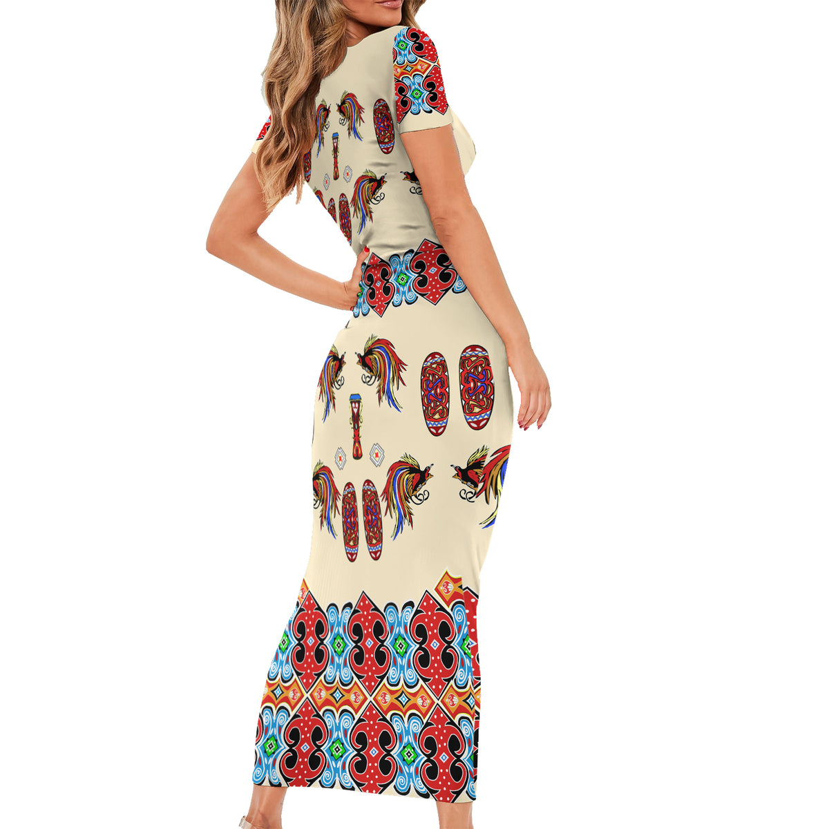 Papua Batik Motif Bird Of Paradise and Native Papuan Shield Short Sleeve Bodycon Dress - Wonder Print Shop