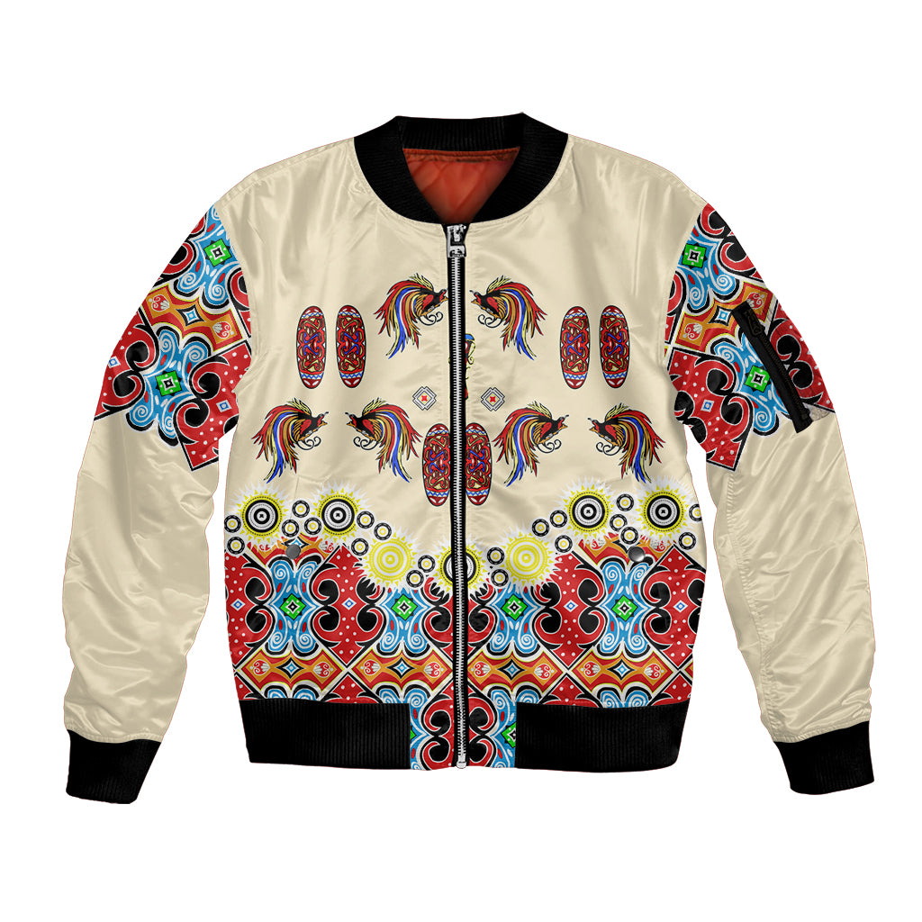 Papua Batik Motif Bird Of Paradise and Native Papuan Shield Sleeve Zip Bomber Jacket - Wonder Print Shop