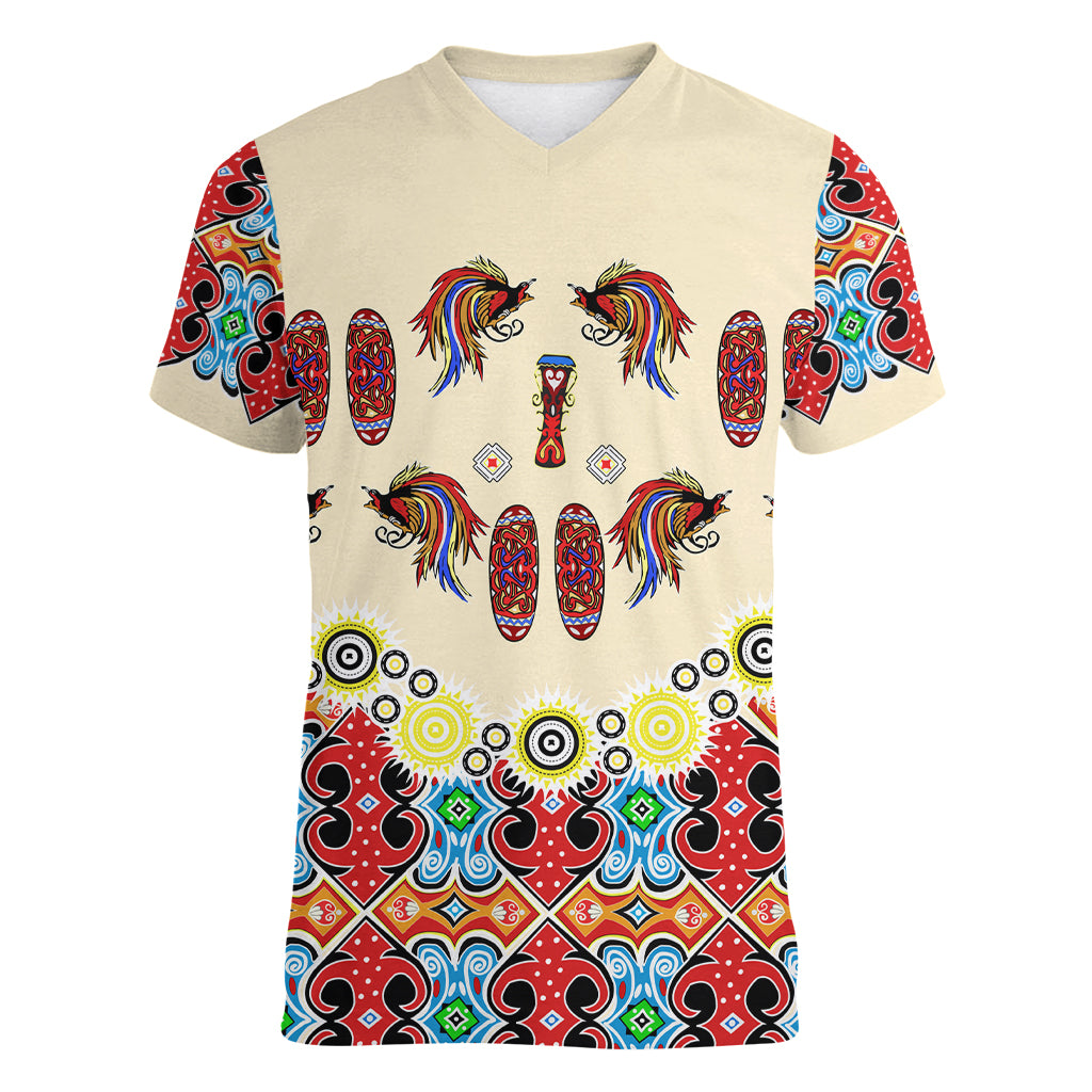Papua Batik Motif Bird Of Paradise and Native Papuan Shield Women V Neck T Shirt - Wonder Print Shop