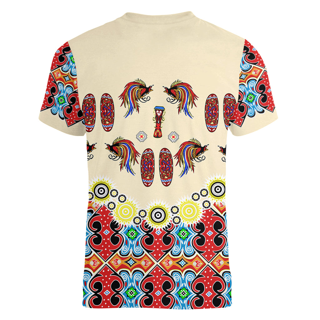 Papua Batik Motif Bird Of Paradise and Native Papuan Shield Women V Neck T Shirt - Wonder Print Shop