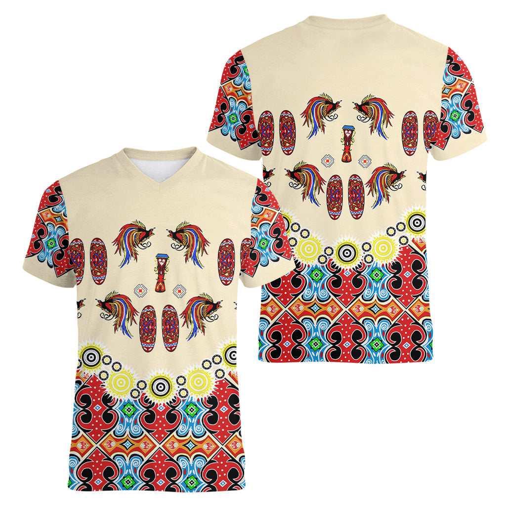 Papua Batik Motif Bird Of Paradise and Native Papuan Shield Women V Neck T Shirt - Wonder Print Shop
