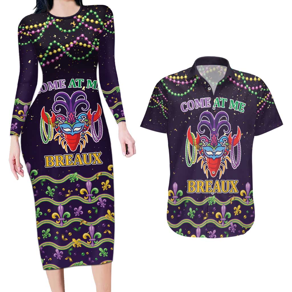 Come At Me Breaux Crawfish Beads Couples Matching Long Sleeve Bodycon Dress and Hawaiian Shirt Mardi Gras Carnival