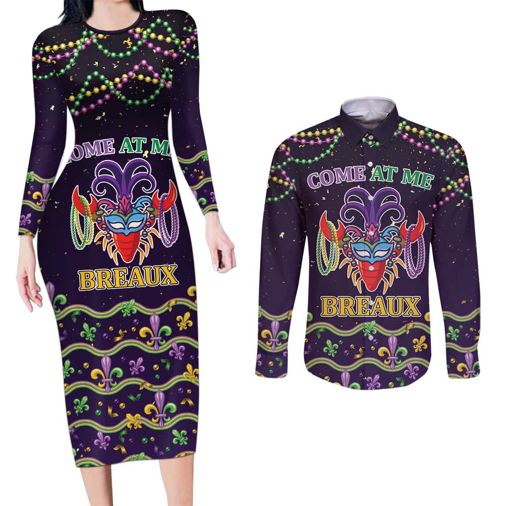 Come At Me Breaux Crawfish Beads Couples Matching Long Sleeve Bodycon Dress and Long Sleeve Button Shirt Mardi Gras Carnival
