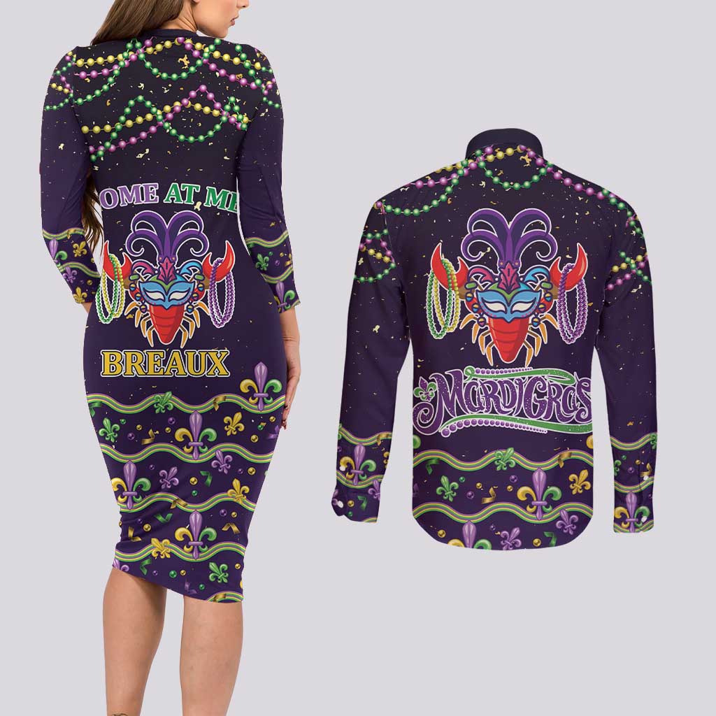 Come At Me Breaux Crawfish Beads Couples Matching Long Sleeve Bodycon Dress and Long Sleeve Button Shirt Mardi Gras Carnival