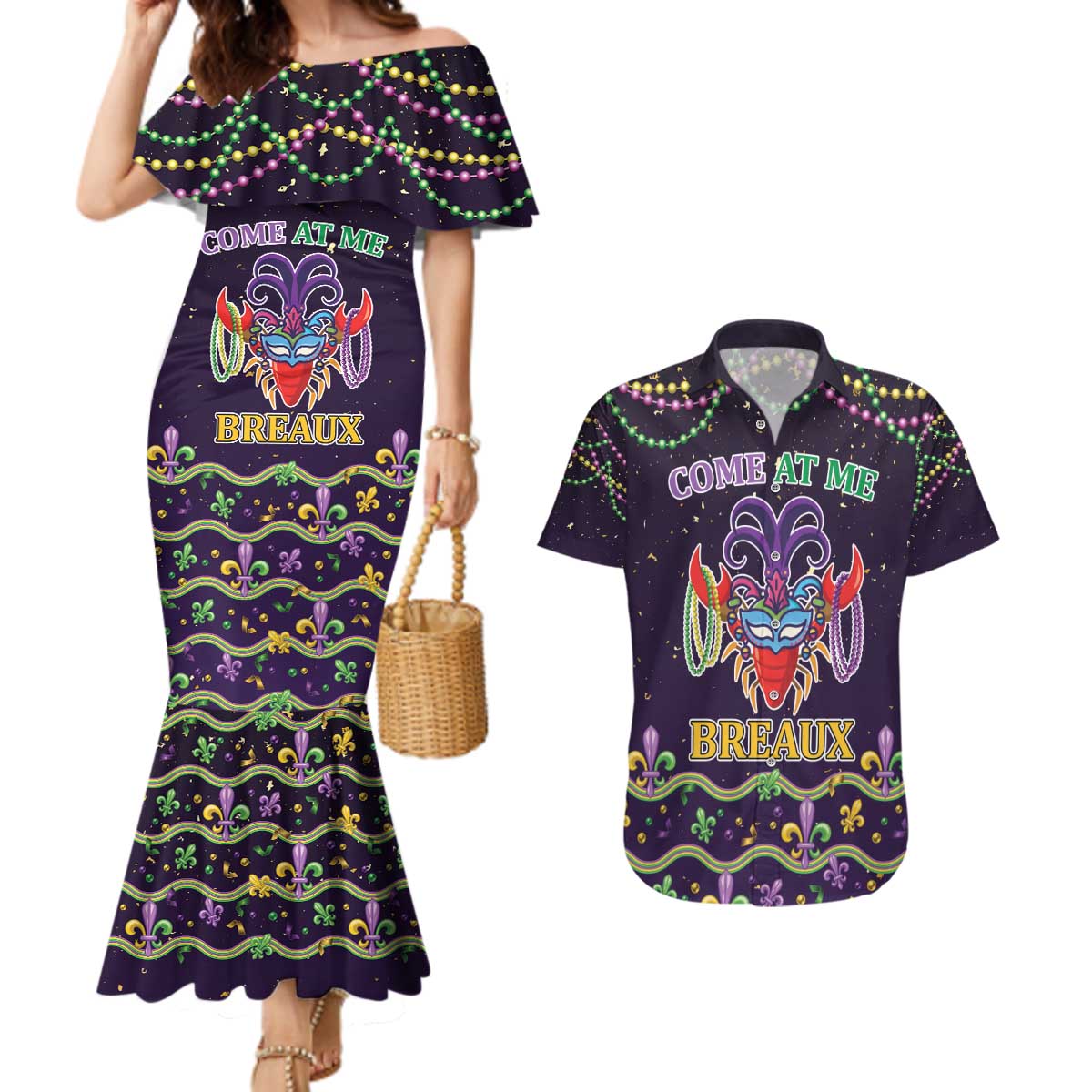 Come At Me Breaux Crawfish Beads Couples Matching Mermaid Dress and Hawaiian Shirt Mardi Gras Carnival