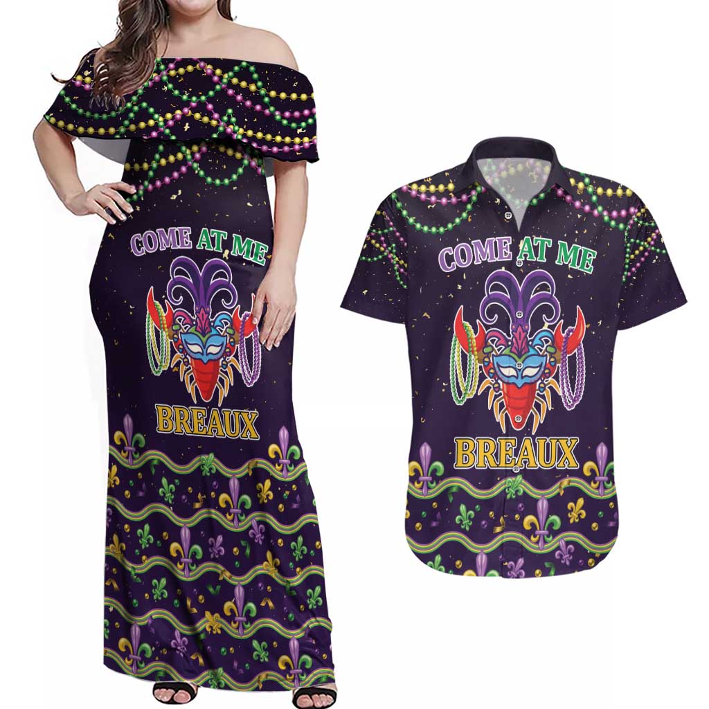 Come At Me Breaux Crawfish Beads Couples Matching Off Shoulder Maxi Dress and Hawaiian Shirt Mardi Gras Carnival