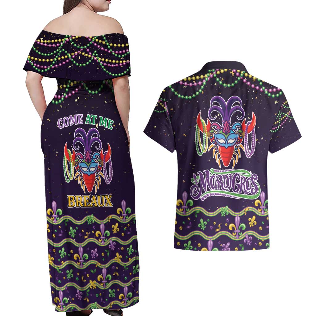 Come At Me Breaux Crawfish Beads Couples Matching Off Shoulder Maxi Dress and Hawaiian Shirt Mardi Gras Carnival
