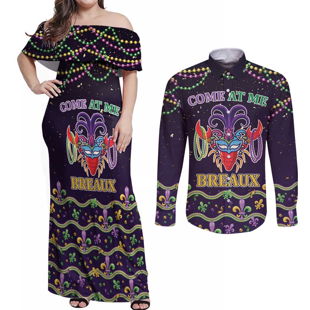 Come At Me Breaux Crawfish Beads Couples Matching Off Shoulder Maxi Dress and Long Sleeve Button Shirt Mardi Gras Carnival