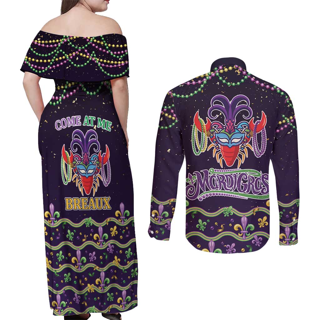 Come At Me Breaux Crawfish Beads Couples Matching Off Shoulder Maxi Dress and Long Sleeve Button Shirt Mardi Gras Carnival