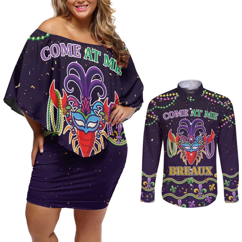 Come At Me Breaux Crawfish Beads Couples Matching Off Shoulder Short Dress and Long Sleeve Button Shirt Mardi Gras Carnival