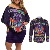 Come At Me Breaux Crawfish Beads Couples Matching Off Shoulder Short Dress and Long Sleeve Button Shirt Mardi Gras Carnival