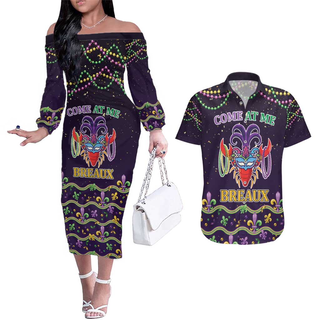 Come At Me Breaux Crawfish Beads Couples Matching Off The Shoulder Long Sleeve Dress and Hawaiian Shirt Mardi Gras Carnival