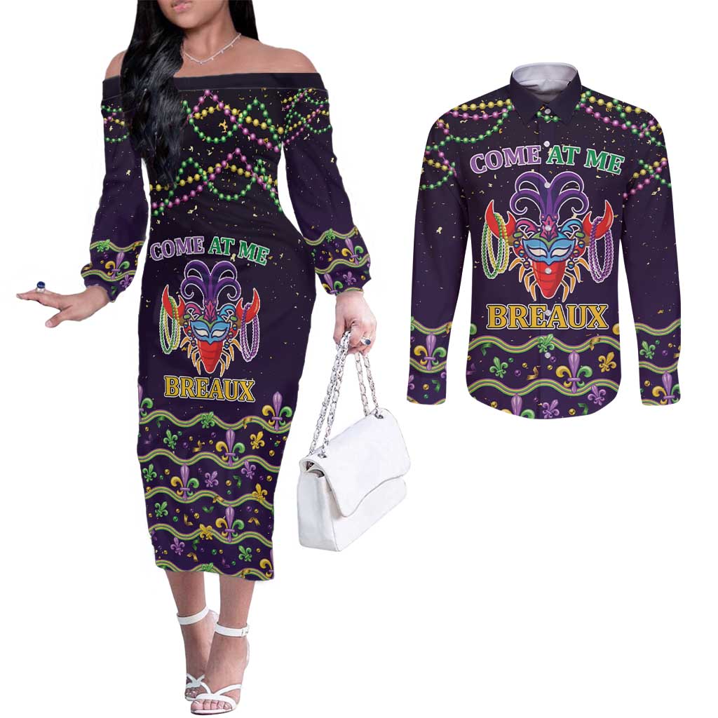 Come At Me Breaux Crawfish Beads Couples Matching Off The Shoulder Long Sleeve Dress and Long Sleeve Button Shirt Mardi Gras Carnival