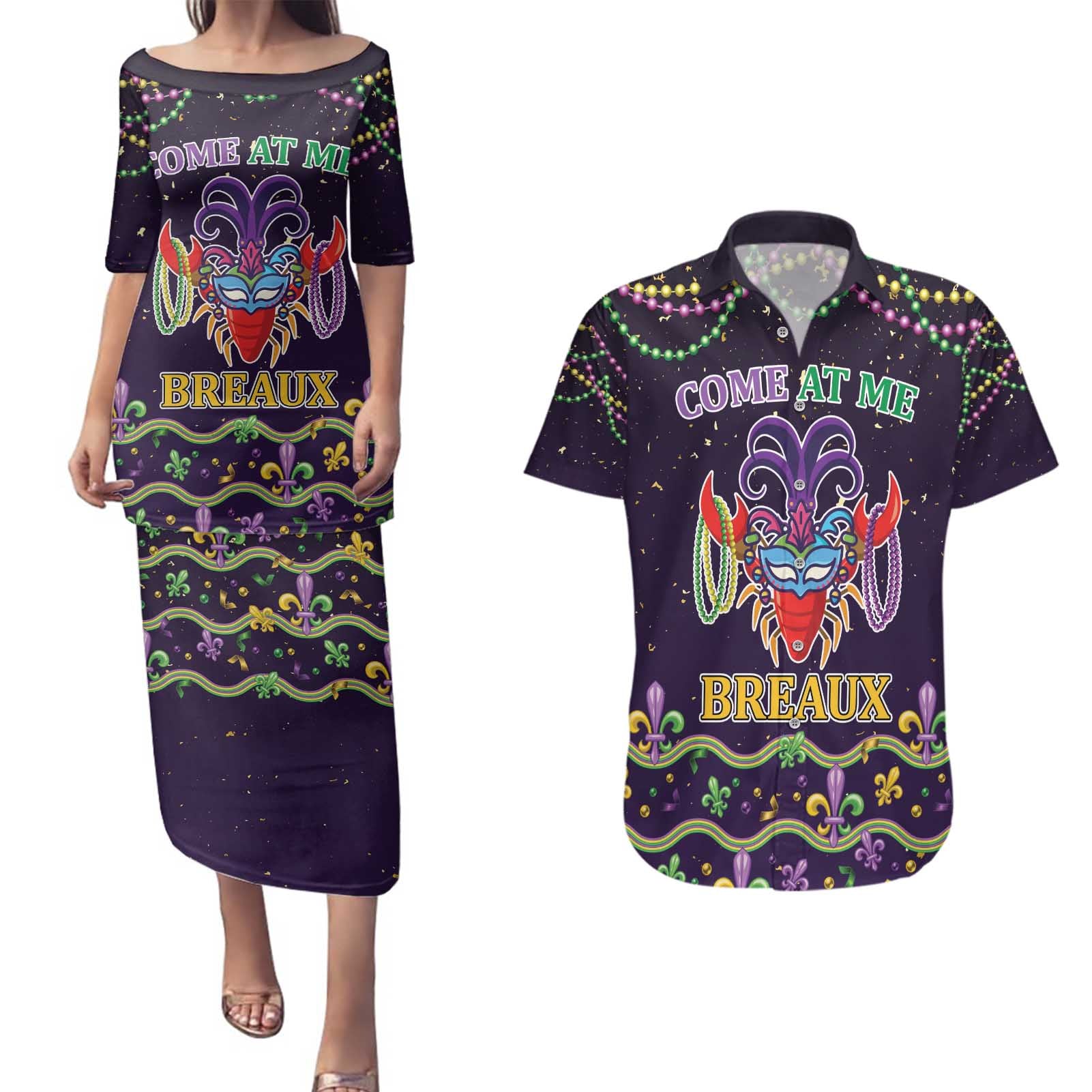 Come At Me Breaux Crawfish Beads Couples Matching Puletasi and Hawaiian Shirt Mardi Gras Carnival