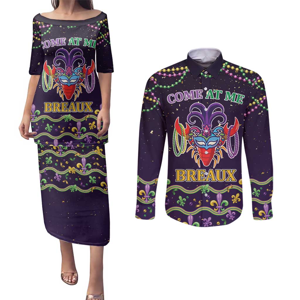Come At Me Breaux Crawfish Beads Couples Matching Puletasi and Long Sleeve Button Shirt Mardi Gras Carnival