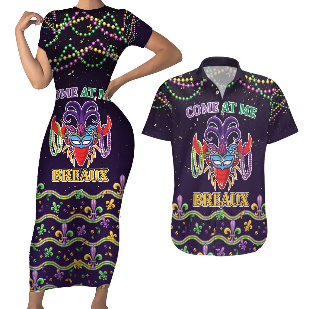 Come At Me Breaux Crawfish Beads Couples Matching Short Sleeve Bodycon Dress and Hawaiian Shirt Mardi Gras Carnival