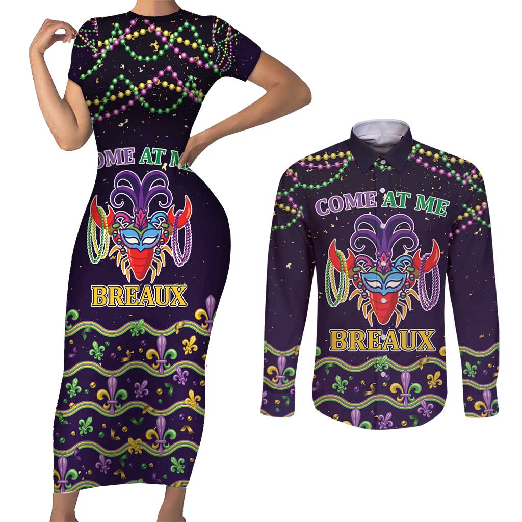 Come At Me Breaux Crawfish Beads Couples Matching Short Sleeve Bodycon Dress and Long Sleeve Button Shirt Mardi Gras Carnival