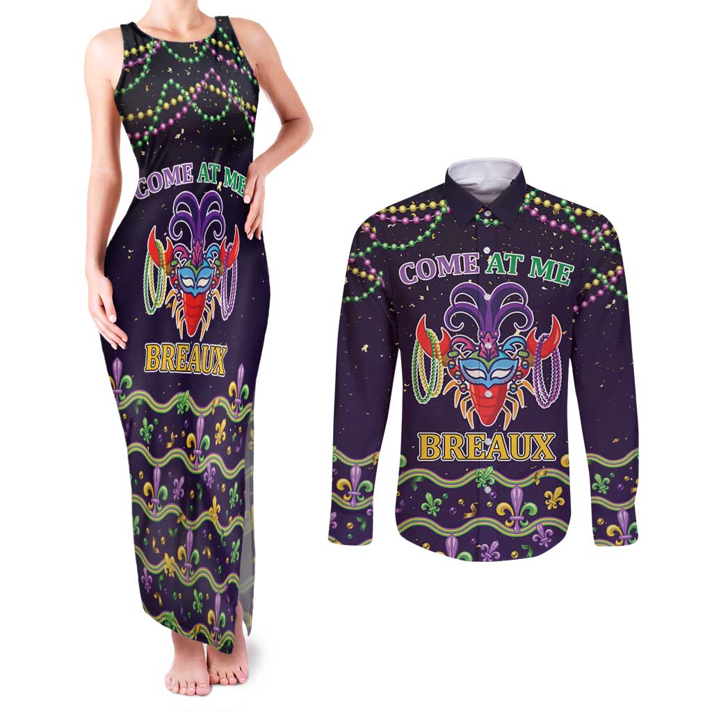 Come At Me Breaux Crawfish Beads Couples Matching Tank Maxi Dress and Long Sleeve Button Shirt Mardi Gras Carnival