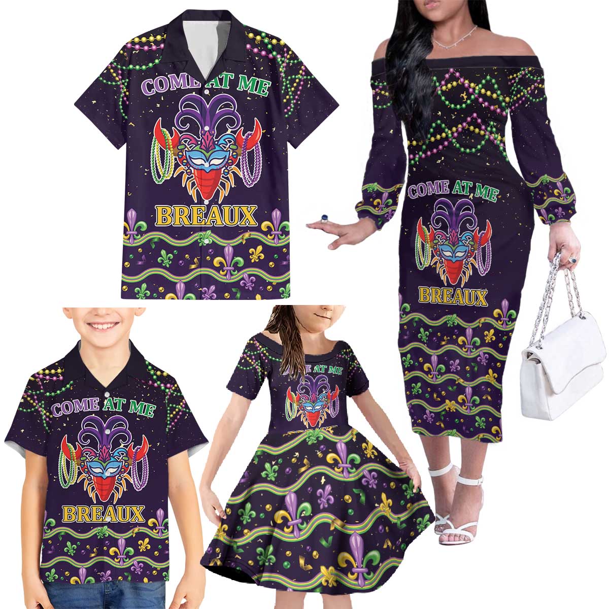 Come At Me Breaux Crawfish Beads Family Matching Off The Shoulder Long Sleeve Dress and Hawaiian Shirt Mardi Gras Carnival