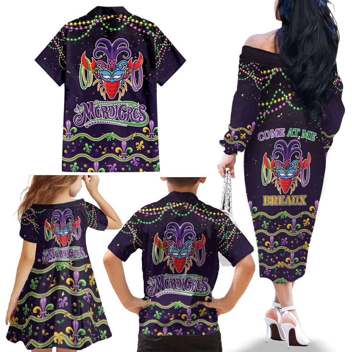 Come At Me Breaux Crawfish Beads Family Matching Off The Shoulder Long Sleeve Dress and Hawaiian Shirt Mardi Gras Carnival