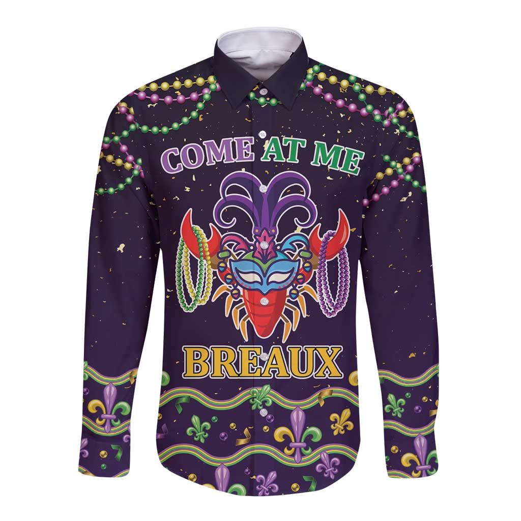Come At Me Breaux Crawfish Beads Long Sleeve Button Shirt Mardi Gras Carnival
