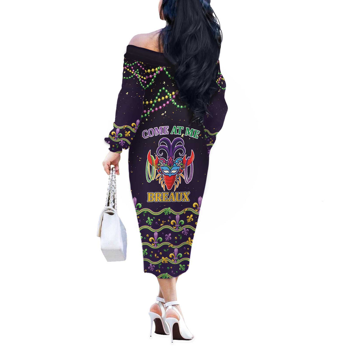 Come At Me Breaux Crawfish Beads Off The Shoulder Long Sleeve Dress Mardi Gras Carnival - Wonder Print Shop