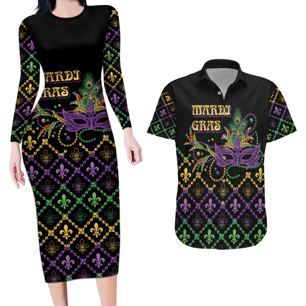 Mardi Gras Carnival Couples Matching Long Sleeve Bodycon Dress and Hawaiian Shirt Geometric Pattern Vintage
