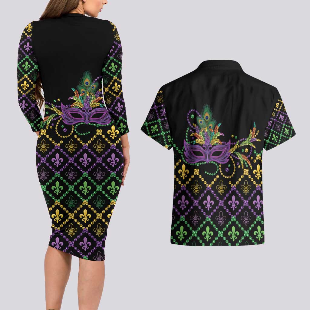 Mardi Gras Carnival Couples Matching Long Sleeve Bodycon Dress and Hawaiian Shirt Geometric Pattern Vintage