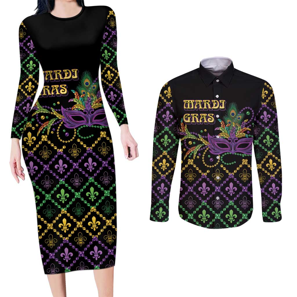 Mardi Gras Carnival Couples Matching Long Sleeve Bodycon Dress and Long Sleeve Button Shirt Geometric Pattern Vintage