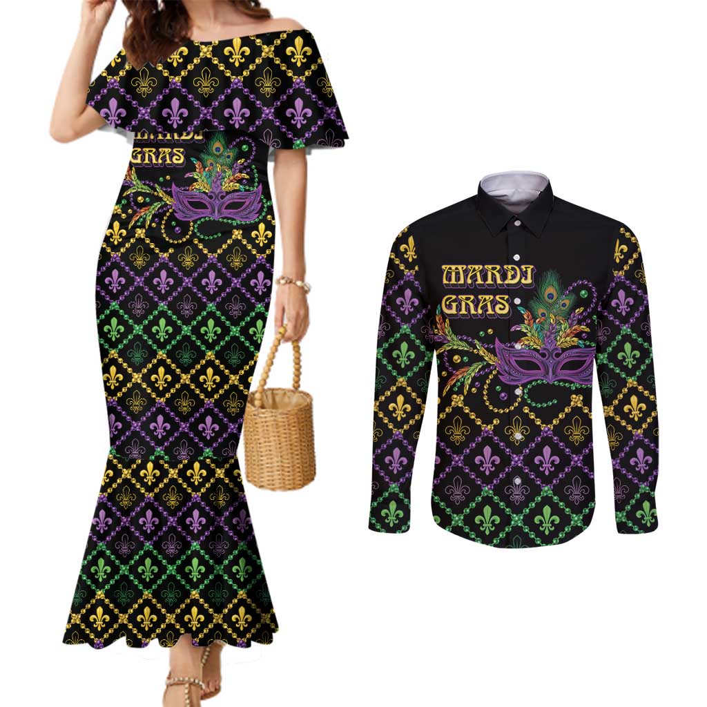 Mardi Gras Carnival Couples Matching Mermaid Dress and Long Sleeve Button Shirt Geometric Pattern Vintage