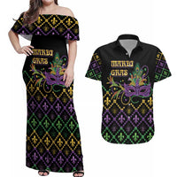 Mardi Gras Carnival Couples Matching Off Shoulder Maxi Dress and Hawaiian Shirt Geometric Pattern Vintage