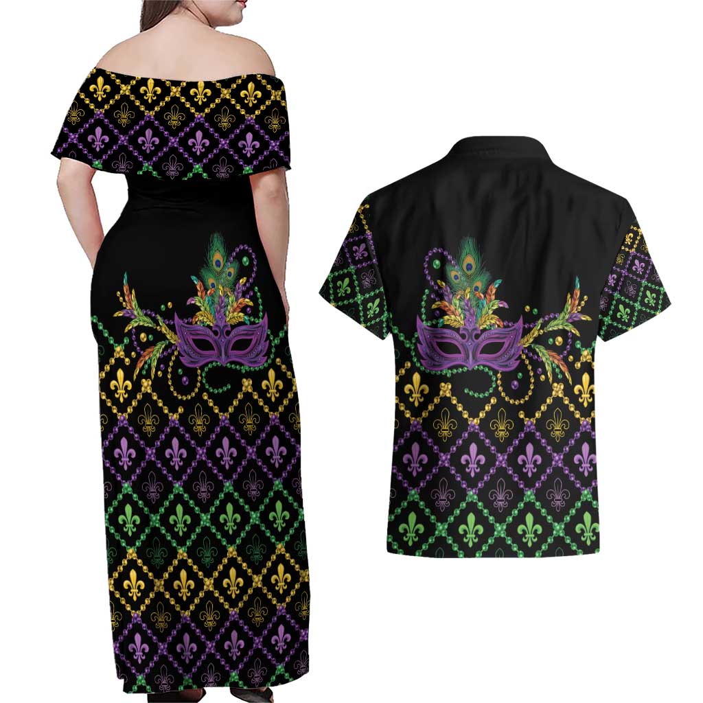 Mardi Gras Carnival Couples Matching Off Shoulder Maxi Dress and Hawaiian Shirt Geometric Pattern Vintage