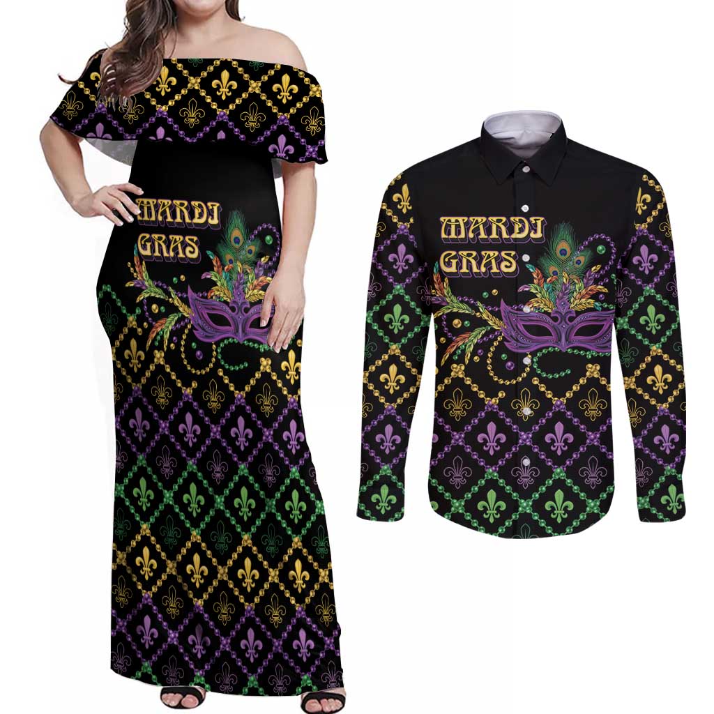 Mardi Gras Carnival Couples Matching Off Shoulder Maxi Dress and Long Sleeve Button Shirt Geometric Pattern Vintage